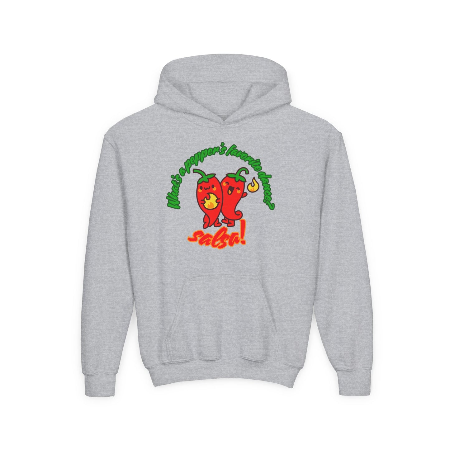"What’s a Pepper’s Favorite Dance? Salsa!" Youth Hooded Sweatshirt – Funny Dance Pun Pepper Graphic Hoodie for Kids and Teens