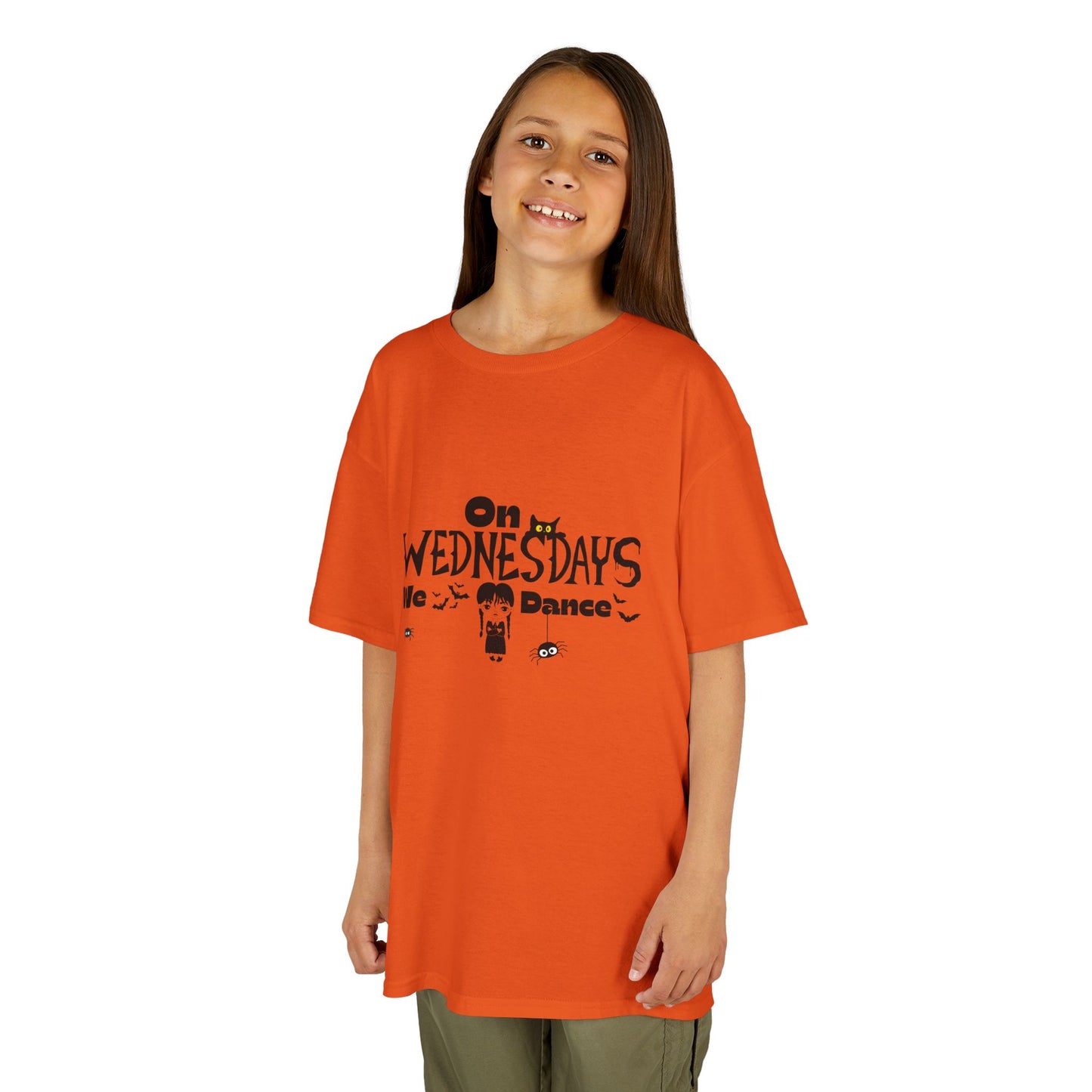 “On Wednesdays We Dance” Gothic Halloween T-Shirt with Cute Girl, Black Cat, Spiders & Bats - Kids Heavy Cotton™ Tee