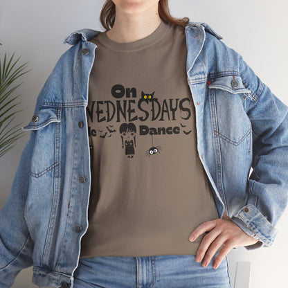 “On Wednesdays We Dance” Gothic Halloween T-Shirt with Cute Girl, Black Cat, Spiders & Bats - Unisex Heavy Cotton Tee