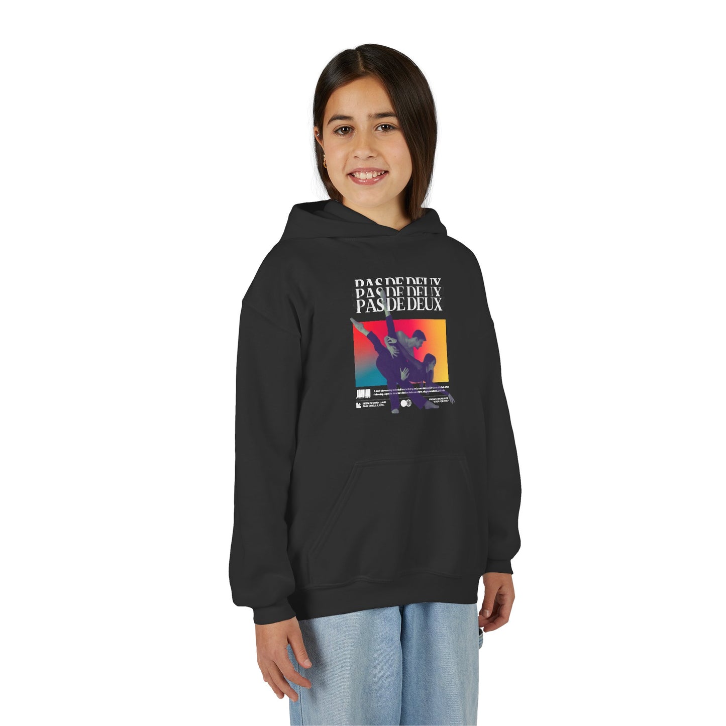 “Pas De Deux” Ballet Term Definition with Pair of Dancers Graphic | Unisex Youth Hoodie – Streetwear-Inspired Ballet Dance Hoodie for Kids & Young Performers