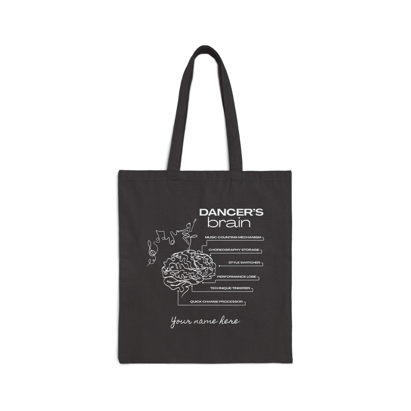 “Dancer’s Brain” Cotton Canvas Tote Bag with Funny Dance Mind Graphic – Cute Ballet & Dance Tote with Custom Name or Studio Personalization Option
