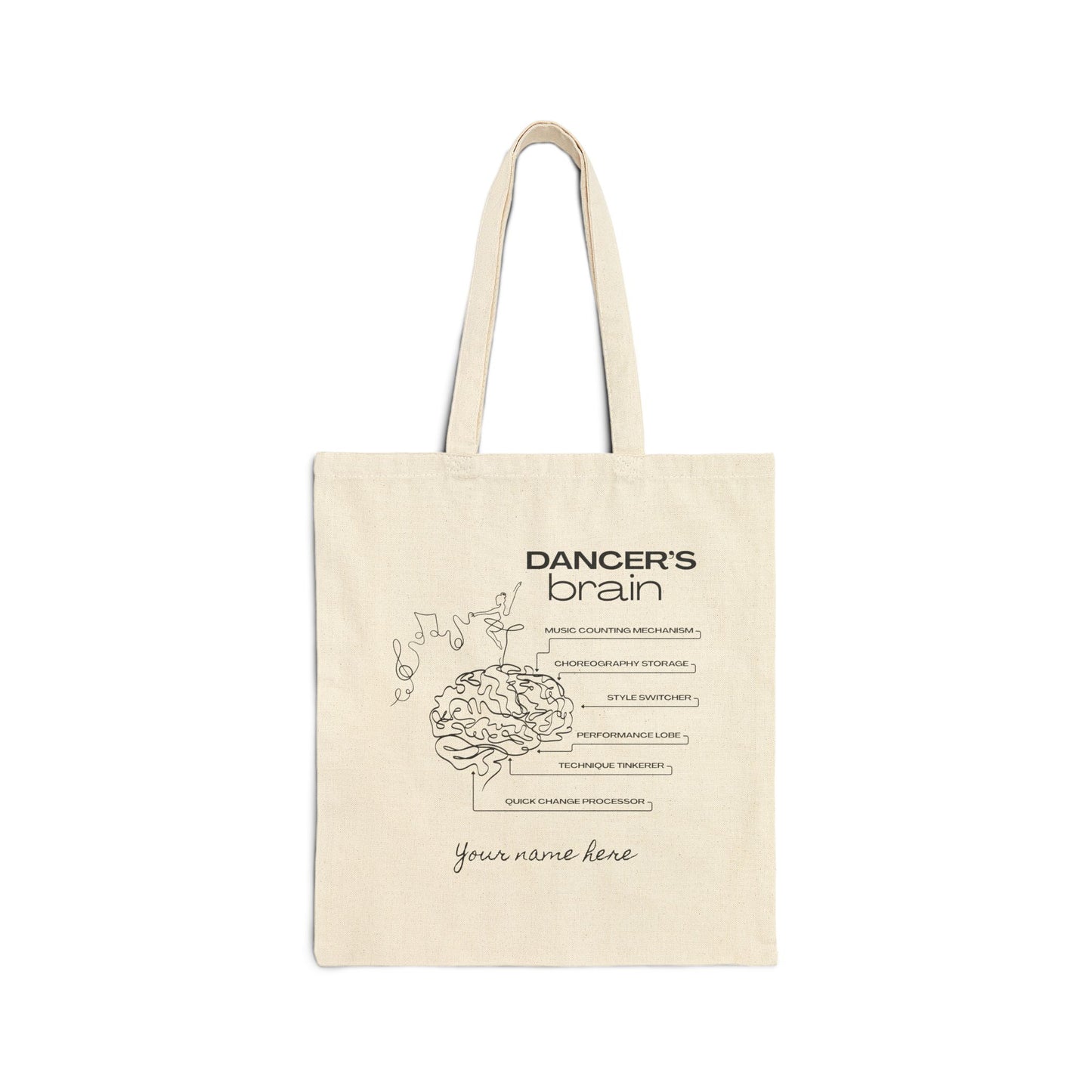 “Dancer’s Brain” Cotton Canvas Tote Bag with Funny Dance Mind Graphic – Cute Ballet & Dance Tote with Custom Name or Studio Personalization Option