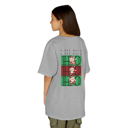 “5-eee and a 6-eee and a Ho, Ho, Ho” YOUTH Short Sleeve Tee with Playful Dancing Santa Front & Back – Festive Christmas Dance Tee for Dancers & Studios