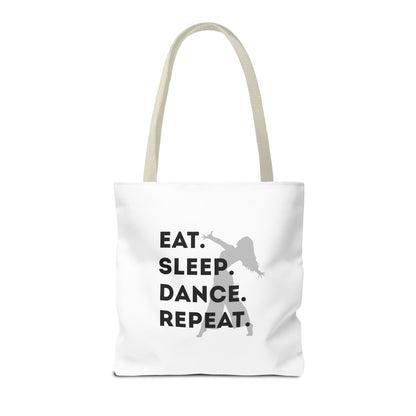"Eat Sleep Dance Repeat" Canvas Tote Bag – Gray Dancer Silhouette Dance-Themed Reusable Shoulder Bag for Dancers, Studio, or Everyday Use
