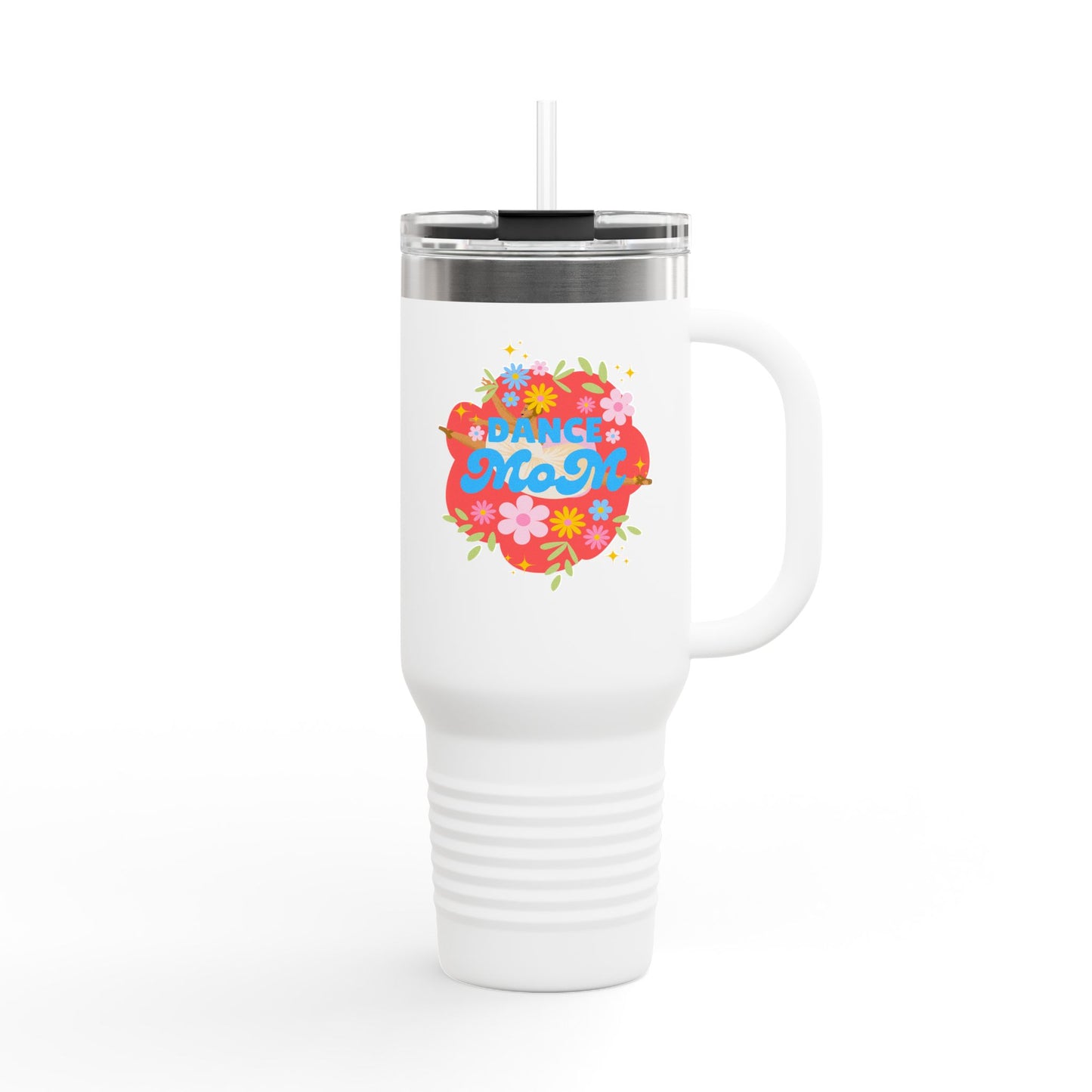 "Dance Mom" 40oz Insulated Travel Mug – Floral Graphic with Costume Designer, Makeup Artist, Chauffeur Text – Funny Dance Mom Gift Tumbler