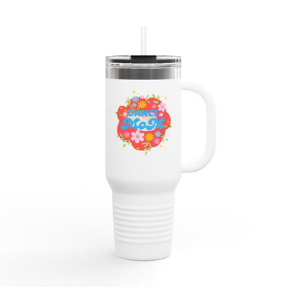 "Dance Mom" 40oz Insulated Travel Mug – Floral Graphic with Costume Designer, Makeup Artist, Chauffeur Text – Funny Dance Mom Gift Tumbler
