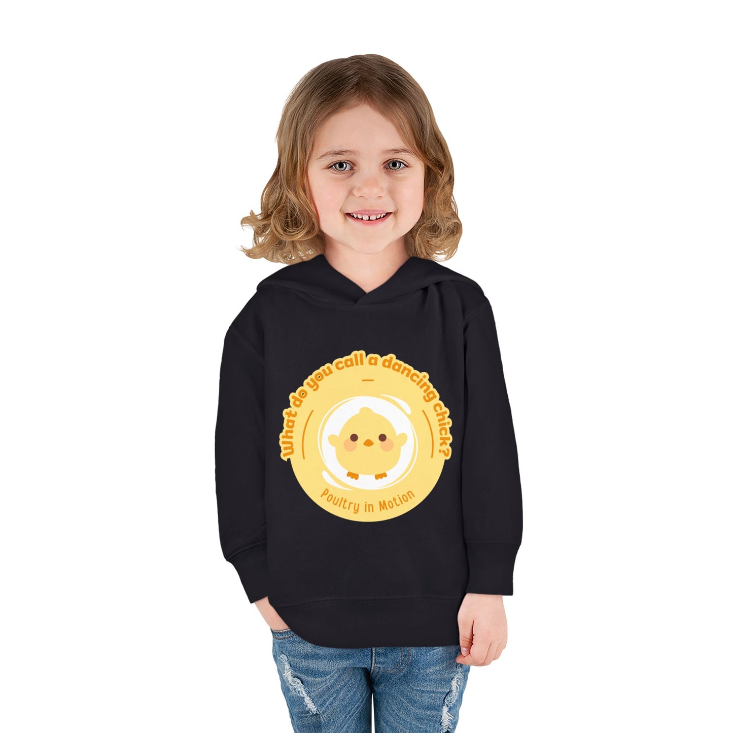 "What do you call a dancing chick? Poultry in Motion." Toddler Pullover Hoodie – Funny Dancing Chicken Pun Graphic Fleece Sweatshirt for Kids