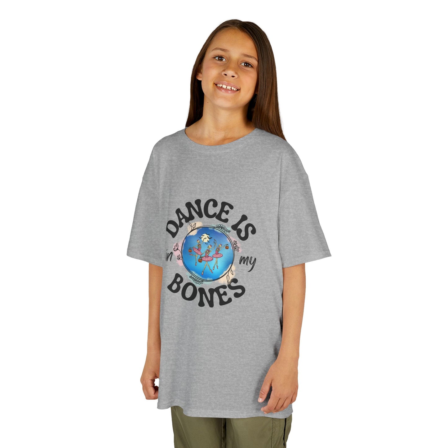 "Dance Is in My Bones” Halloween Dance T-Shirt with Dancing Skeletons Graphic - Kids Heavy Cotton™ Tee