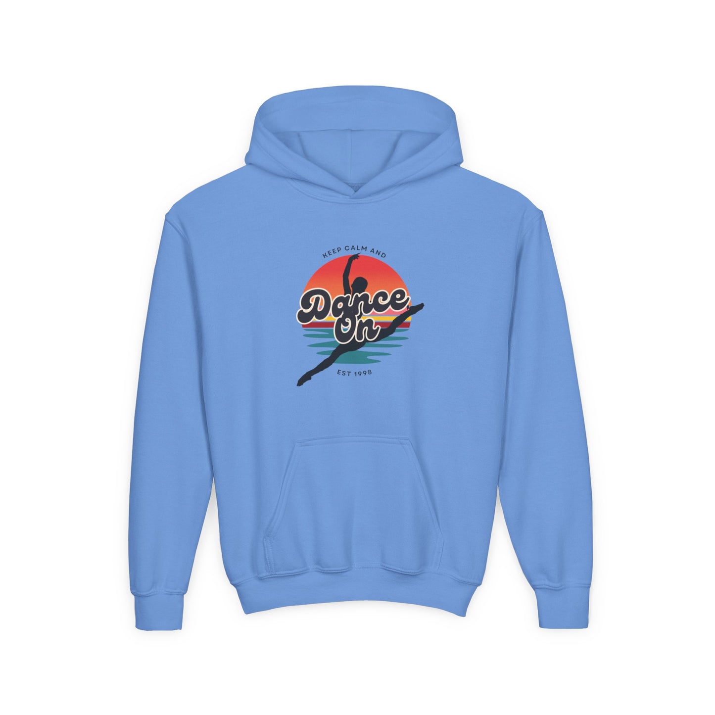 "Keep Calm and Dance On" Youth Hooded Sweatshirt – Retro Dance Quote Graphic Fleece Hoodie for Kids and Teens