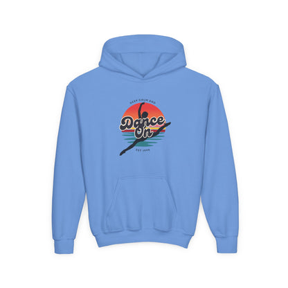 "Keep Calm and Dance On" Youth Hooded Sweatshirt – Retro Dance Quote Graphic Fleece Hoodie for Kids and Teens