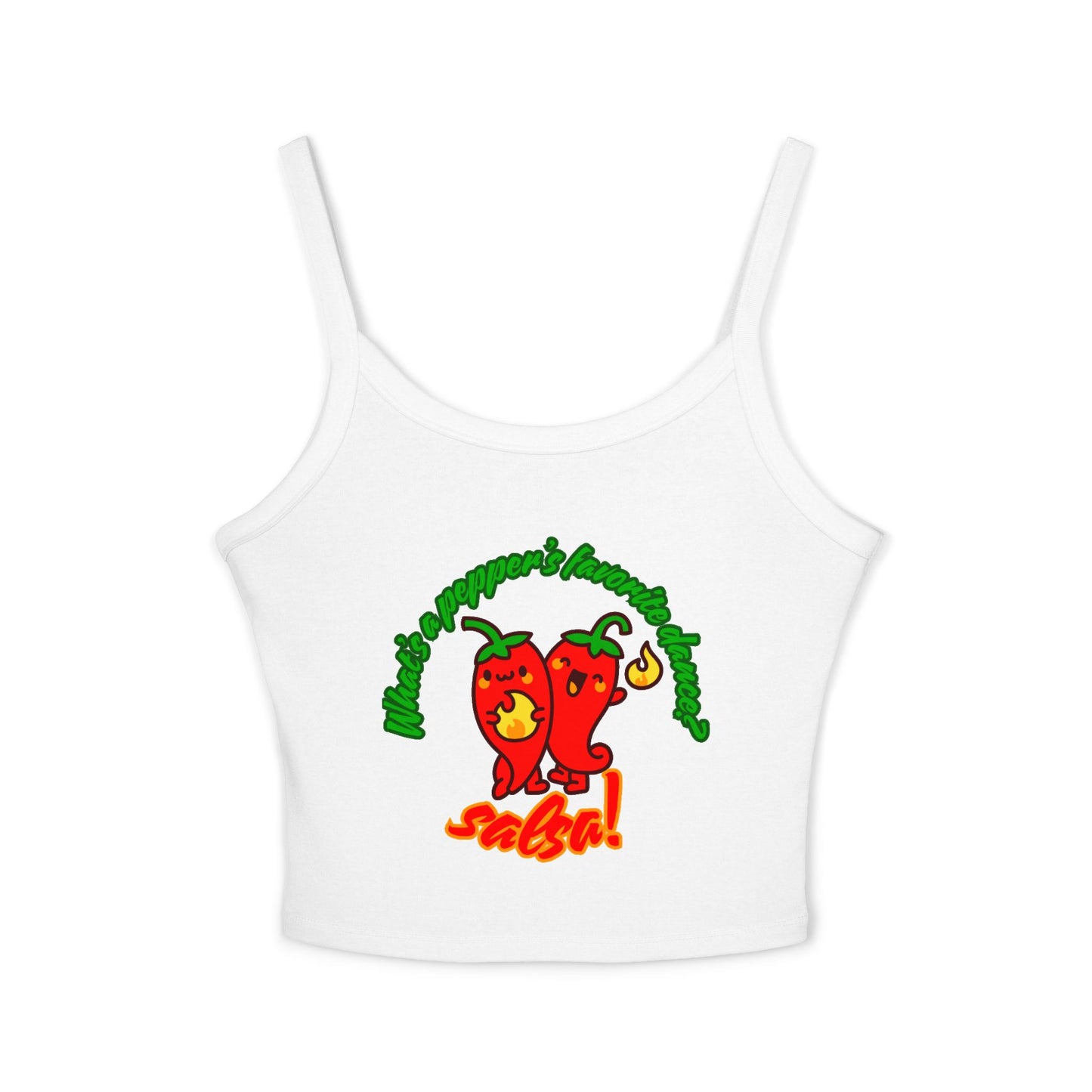 "What’s a Pepper’s Favorite Dance? Salsa!" Women’s Spaghetti Strap Tank Top – Cute Pepper Graphic | Funny Dance Pun Shirt for Dancers & Food Lovers