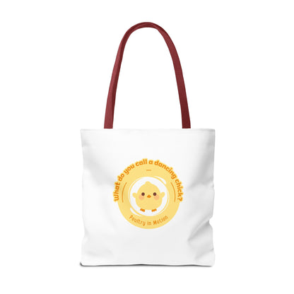"What do you call a dancing chick? Poultry in Motion" Funny Dance Tote Bag – Kawaii Chicken Canvas Tote for Dancers & Dance Lovers
