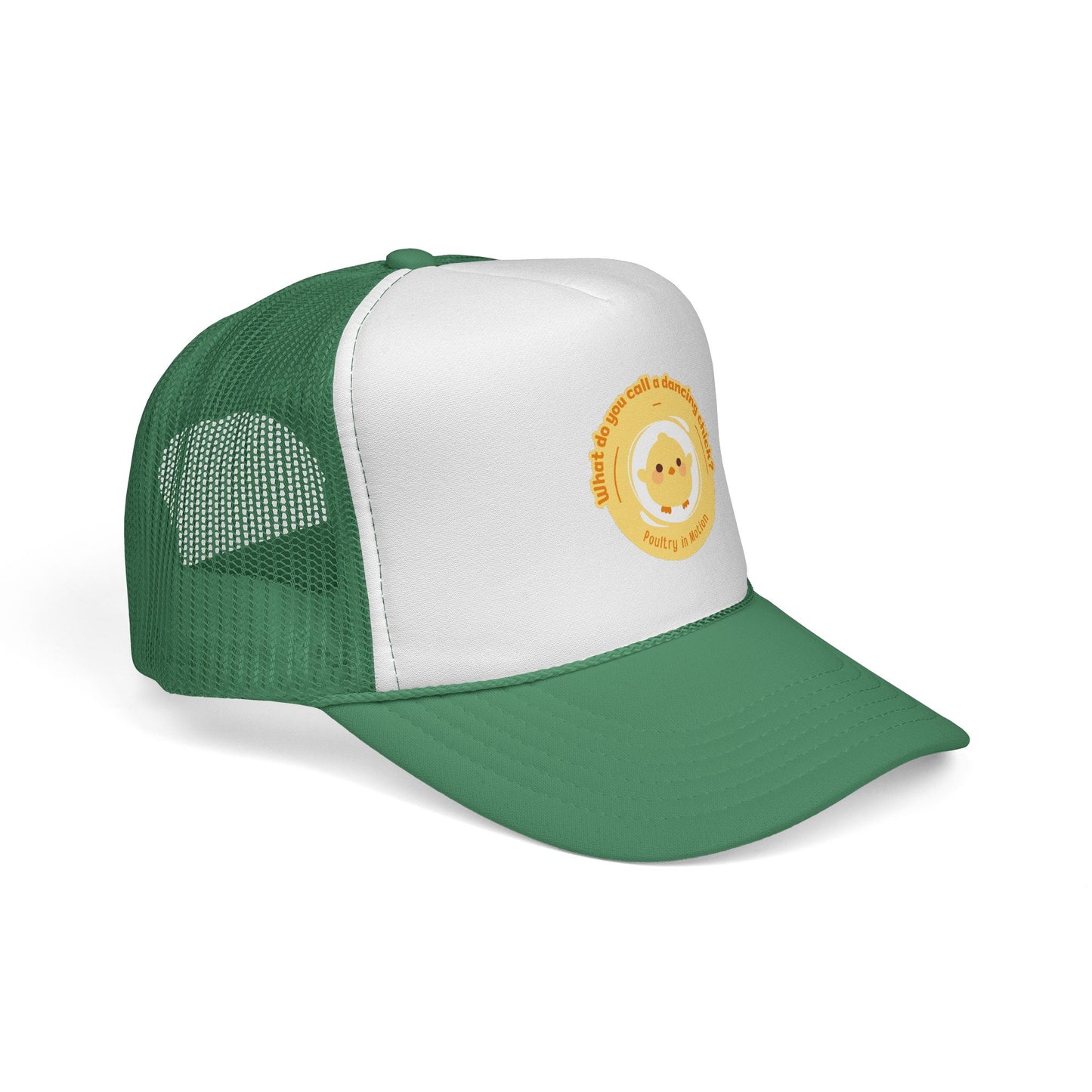 "What do you call a dancing chick? Poultry in Motion" Funny Dance Trucker Hat – Cute Chicken Graphic Unisex Cap for Dancers & Pun Lovers