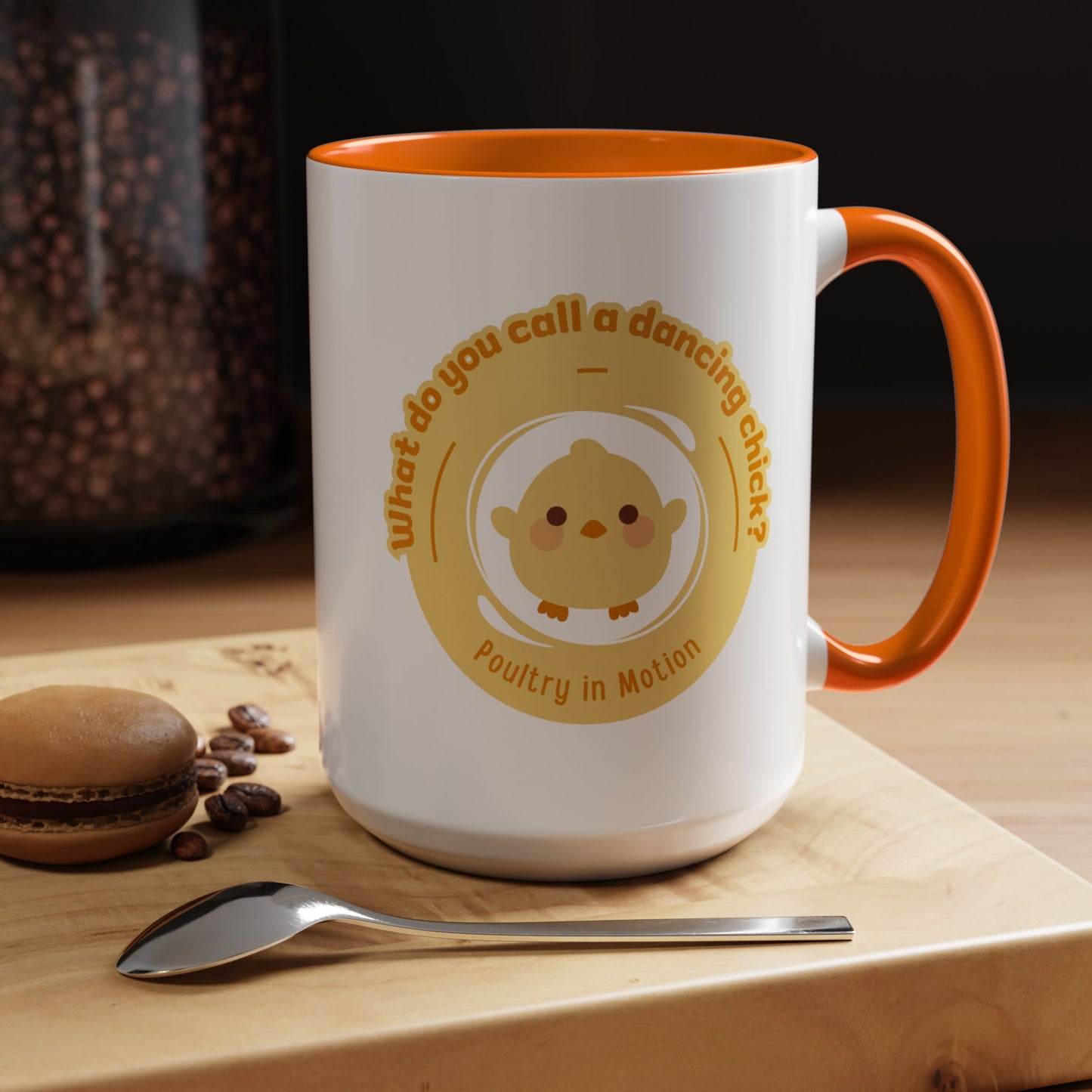 "What Do You Call a Dancing Chick? Poultry in Motion" Accent Coffee Mug – Funny Dance Pun Ceramic Mug for Dancers and Chick Enthusiasts