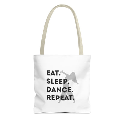 "Eat Sleep Dance Repeat" Canvas Tote Bag – Gray Dancer Silhouette Dance-Themed Reusable Shoulder Bag for Dancers, Studio, or Everyday Use