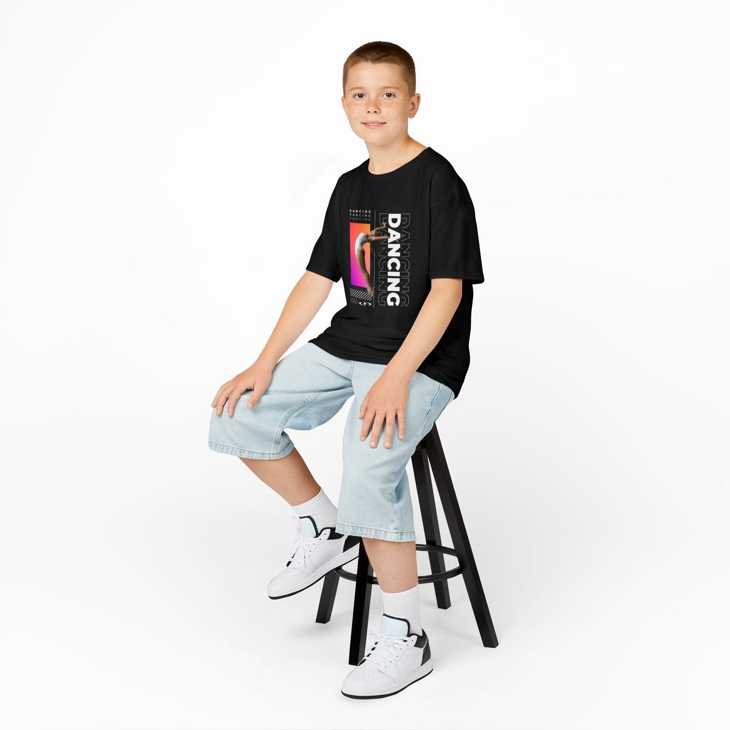 “Dancing” Youth Short Sleeve T-Shirt – Streetwear-Inspired Female Dancer Graphic – Stylish Kids Dance Apparel Tee