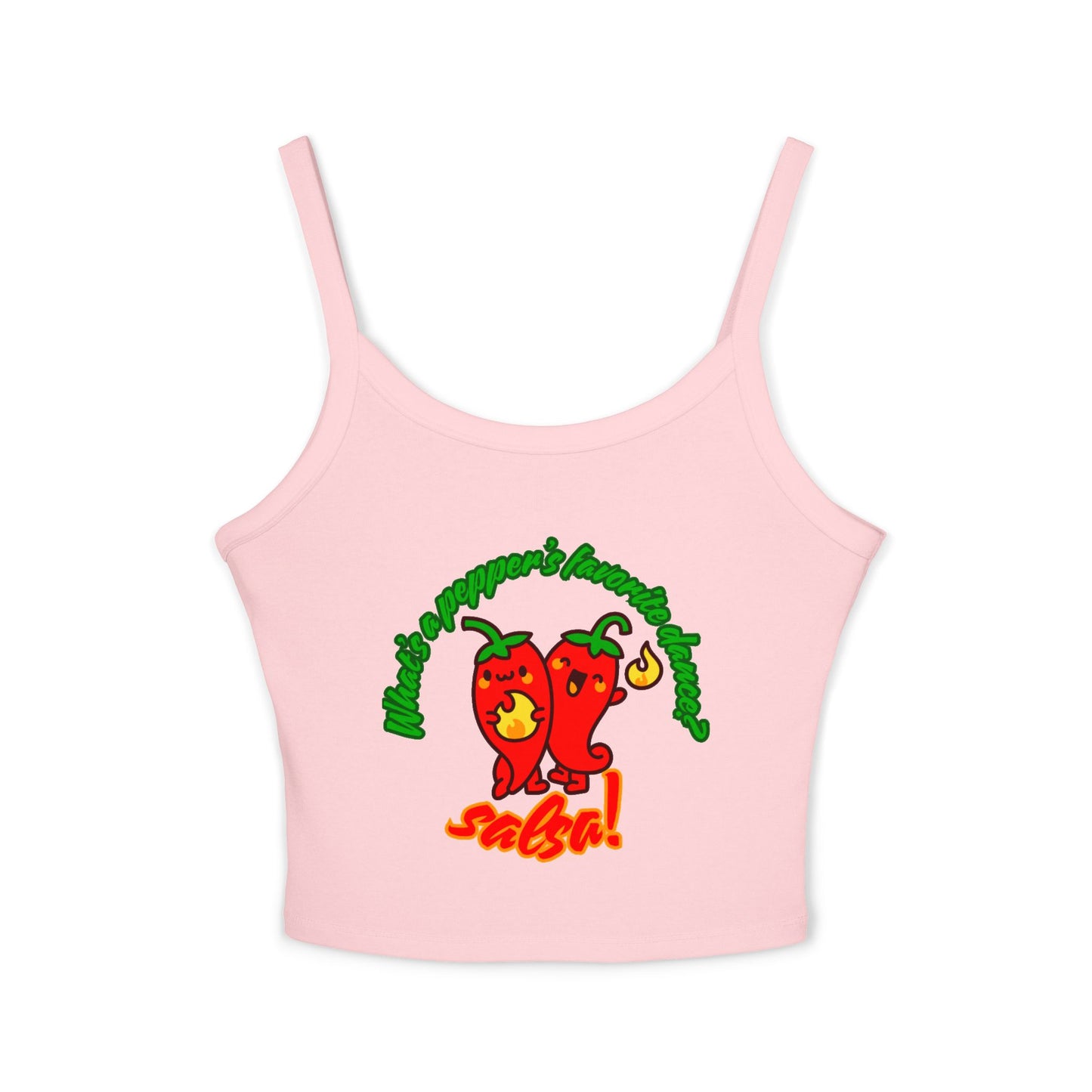 "What’s a Pepper’s Favorite Dance? Salsa!" Women’s Spaghetti Strap Tank Top – Cute Pepper Graphic | Funny Dance Pun Shirt for Dancers & Food Lovers