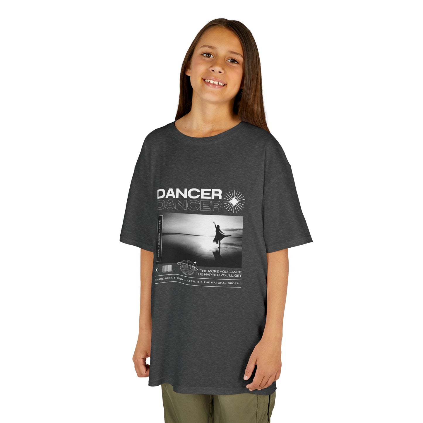 "Dancer" Arabesque on the Beach – Youth Short Sleeve Dance Tee in Streetwear-Inspired Style