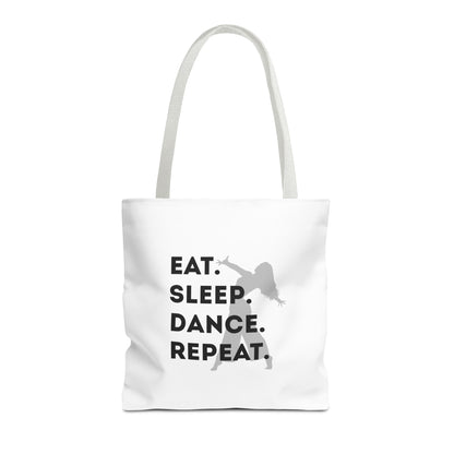 "Eat Sleep Dance Repeat" Canvas Tote Bag – Gray Dancer Silhouette Dance-Themed Reusable Shoulder Bag for Dancers, Studio, or Everyday Use