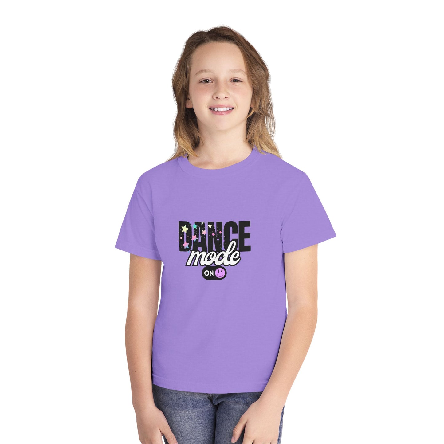 “Dance Mode On" Comfort Colors Youth Midweight  T-Shirt – Pastel Stars & Smiley Face Dance Graphic Tee for Kids