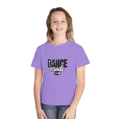 “Dance Mode On" Comfort Colors Youth Midweight  T-Shirt – Pastel Stars & Smiley Face Dance Graphic Tee for Kids