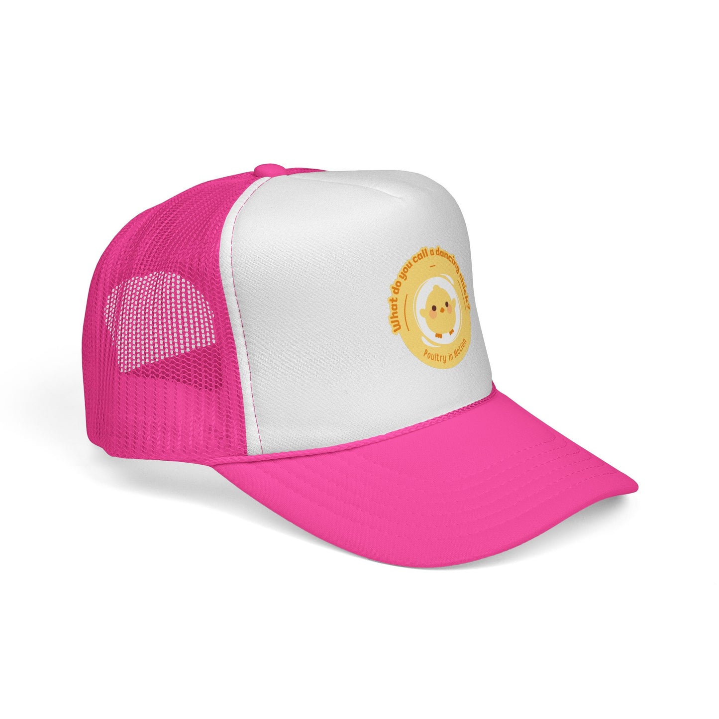 "What do you call a dancing chick? Poultry in Motion" Funny Dance Trucker Hat – Cute Chicken Graphic Unisex Cap for Dancers & Pun Lovers