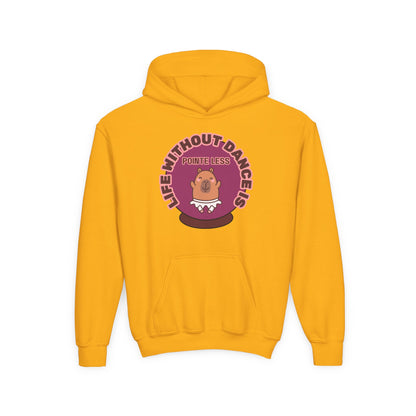 "Life Without Dance Is Pointeless" Youth Hooded Sweatshirt – Cute Dancing Capybara Graphic Hoodie for Kids and Teens