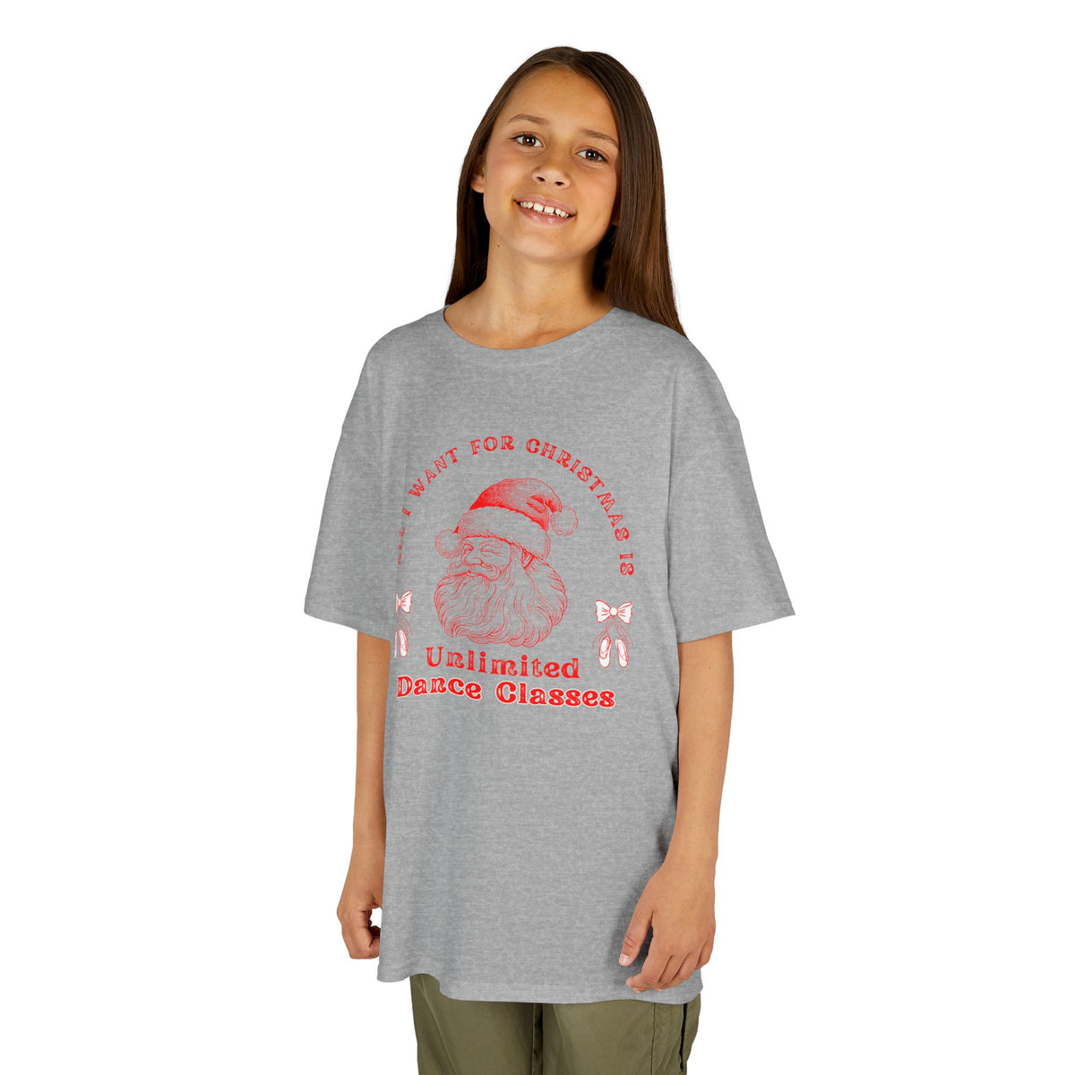 “All I Want for Christmas Is Unlimited Dance Classes” YOUTH TEE Short Sleeve with Vintage Santa – Festive Holiday Dance Tee for Dancers & Studios