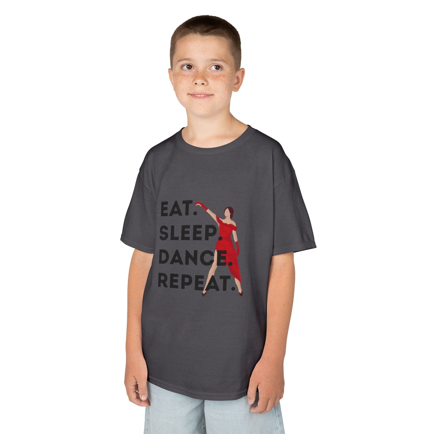 "Eat Sleep Dance Repeat” Youth Short Sleeve Tee – Bold Dancer Graphic Dance Shirt for Kids and Young Performers