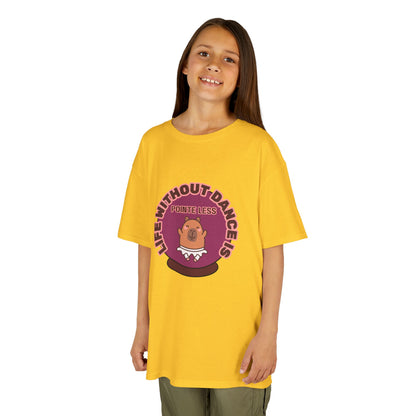 "Life Without Dance Is Pointeless" Youth Dance T-Shirt – Cute Capybara Ballerina Graphic Tee for Kids