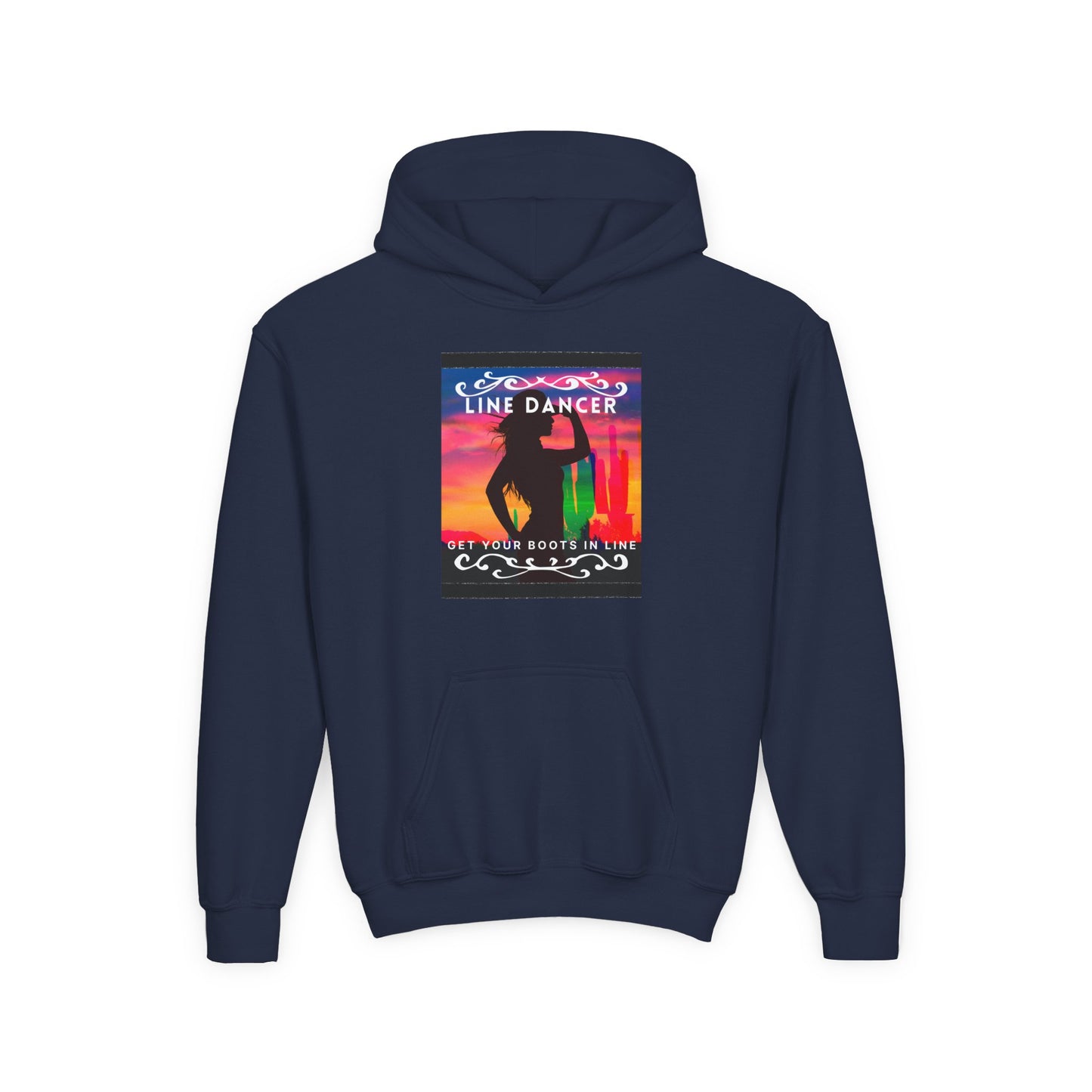 "Line Dancer" Youth Hoodie – Western Country Dance Graphic – 'Get Your Boots in Line' Unisex Pullover for Kids
