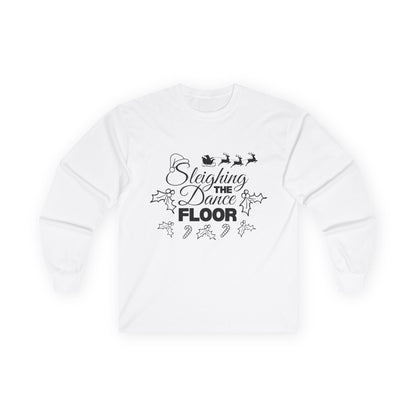“Sleighing the Dance Floor” ADULT TEE Unisex Long Sleeve with Santa’s Sleigh and Reindeer – Festive Christmas Dance Shirt for Dancers, Studios and Holiday Events