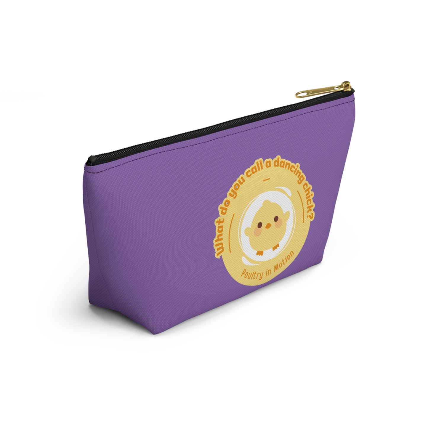 "What do you call a dancing chick? Poultry in Motion." Makeup Bag – Funny Dancing Chick Pun with Cute Chicken Graphic – Dance-Themed Zipper Pouch for Cosmetics, Accessories & Gifts