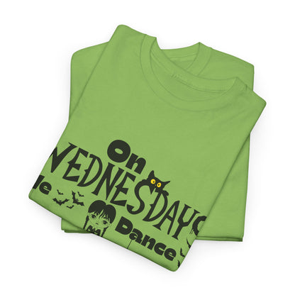 “On Wednesdays We Dance” Gothic Halloween T-Shirt with Cute Girl, Black Cat, Spiders & Bats - Unisex Heavy Cotton Tee
