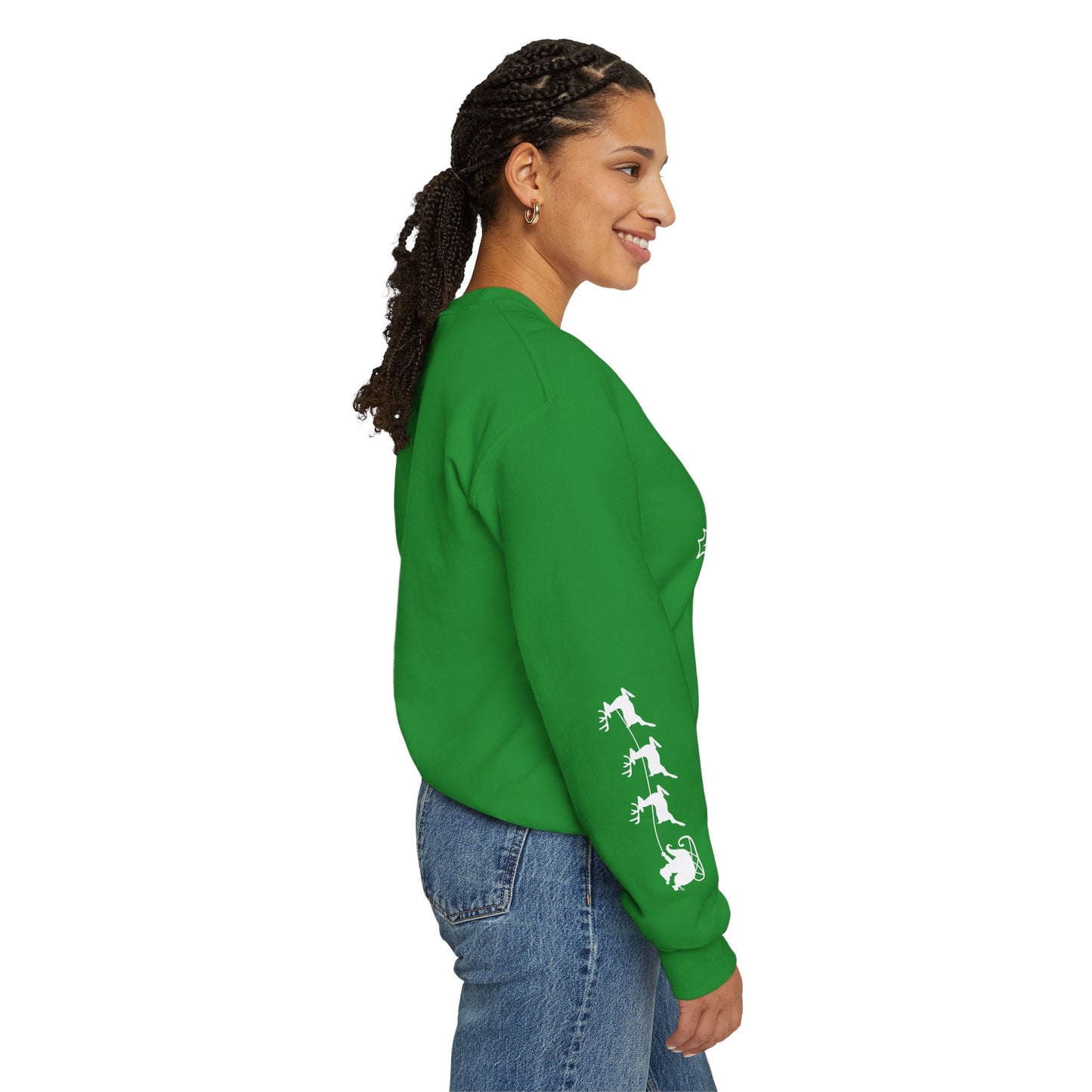 “Sleighing the Dance Floor” ADULT SWEATSHIRT Unisex Heavy Blend Crewneck – Festive Christmas Dance Sweatshirt with Santa’s Sleigh & Reindeer Arm Design, Perfect for Dancers & Studios