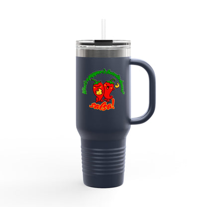"What's a Pepper's Favorite Dance? Salsa." Funny Dance Quote 40oz Insulated Travel Mug – Bold Pepper Graphic Stainless Steel Tumbler