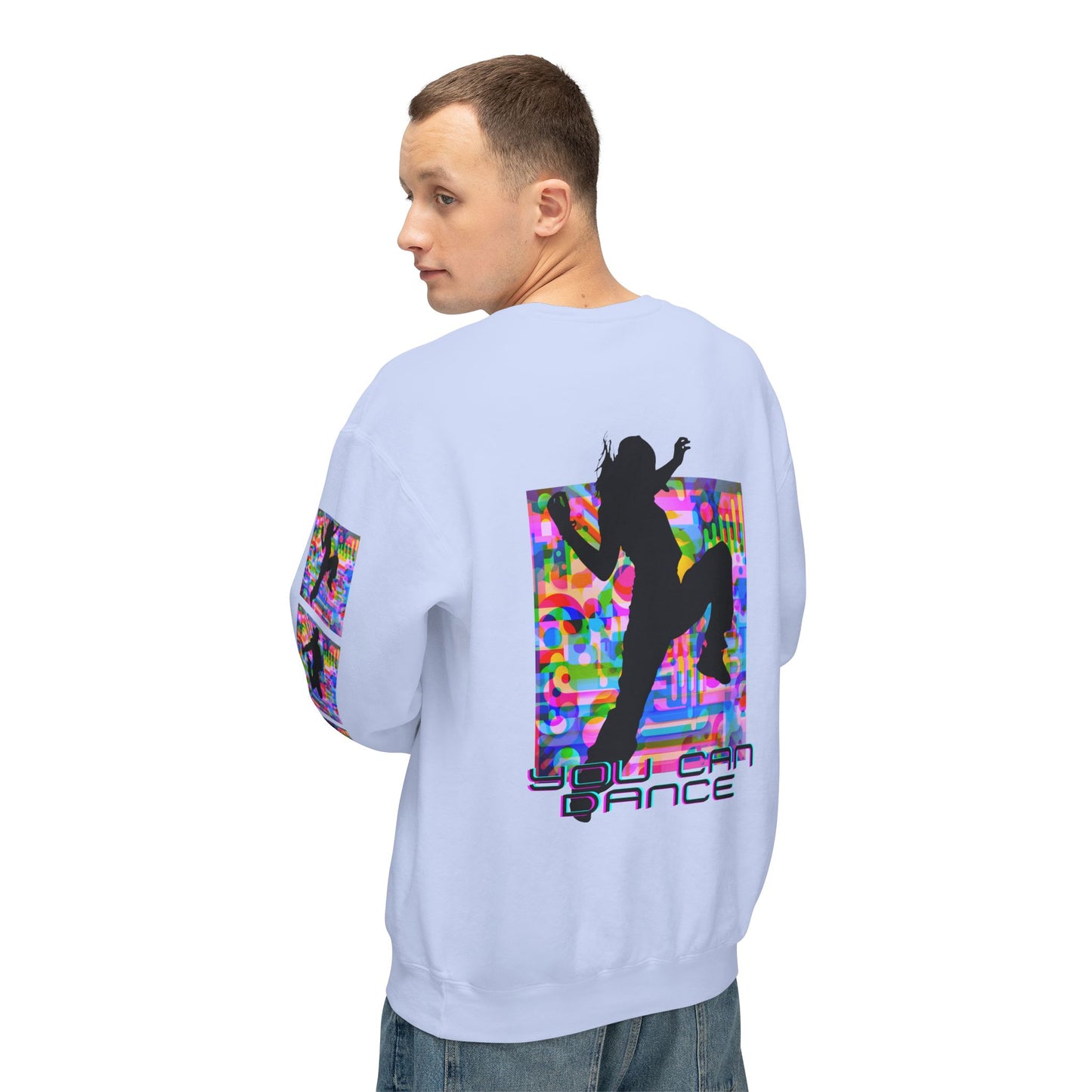 Levels Premium Collection Dance Crewneck Sweatshirt – Vibrant Unisex Streetwear Pullover with "Levels Pictures Textures" Front Text and Dancer Silhouettes on Sleeves