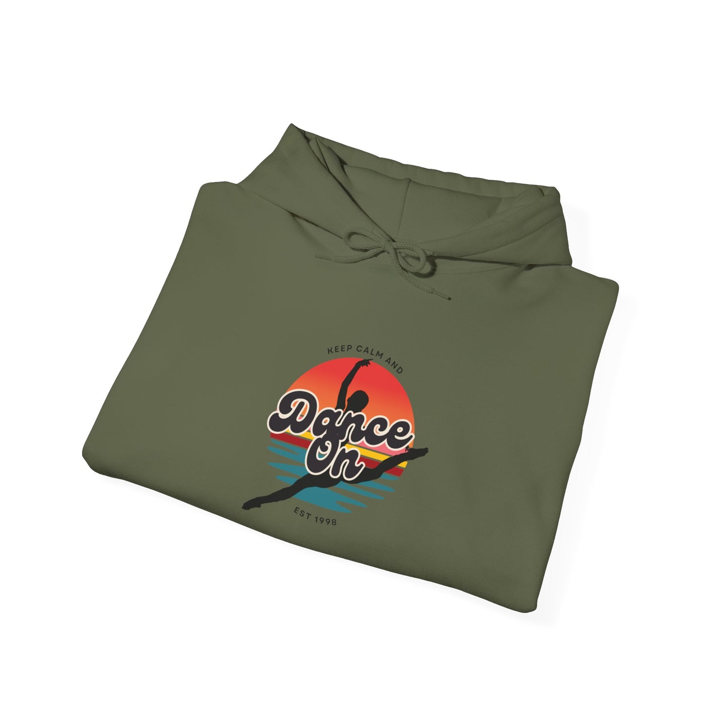 “Keep Calm and Dance On” Retro Hoodie – Unisex Dance-Inspired Hooded Sweatshirt for Dancers & Movement Lovers