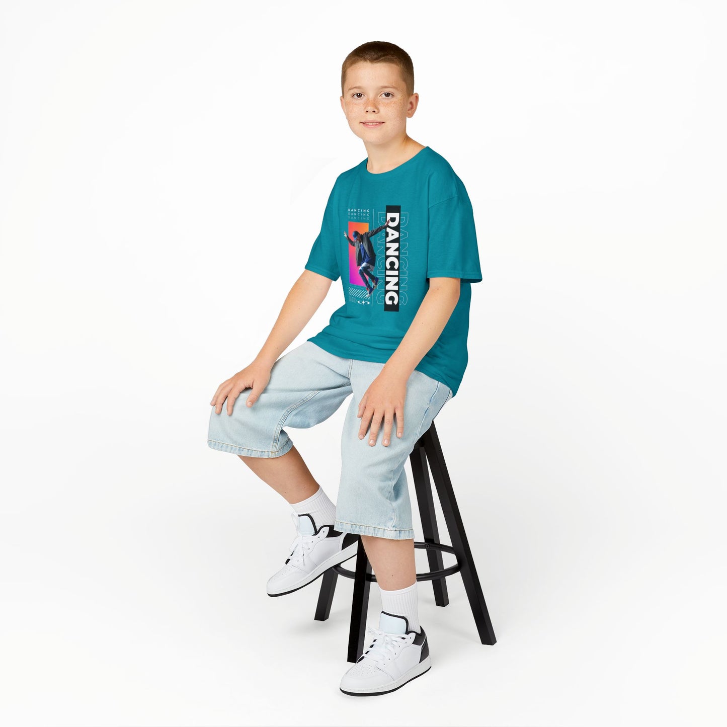 “Dancing” Youth Short Sleeve T-Shirt – Streetwear-Inspired Male Dancer Graphic – Stylish Kids Dance Apparel Tee