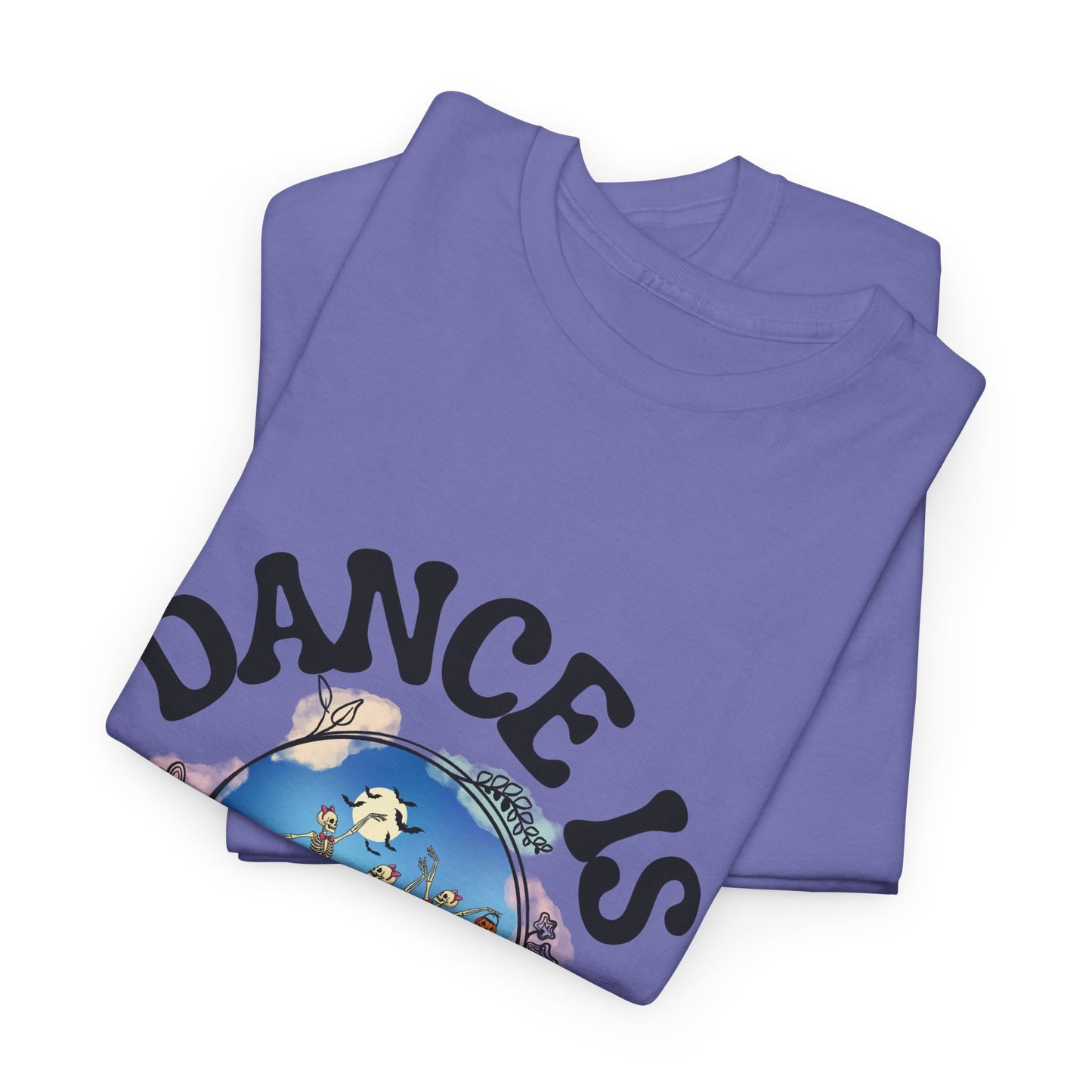 “Dance Is in My Bones” Halloween Dance T-Shirt with Dancing Skeletons Graphic - Unisex Heavy Cotton Tee