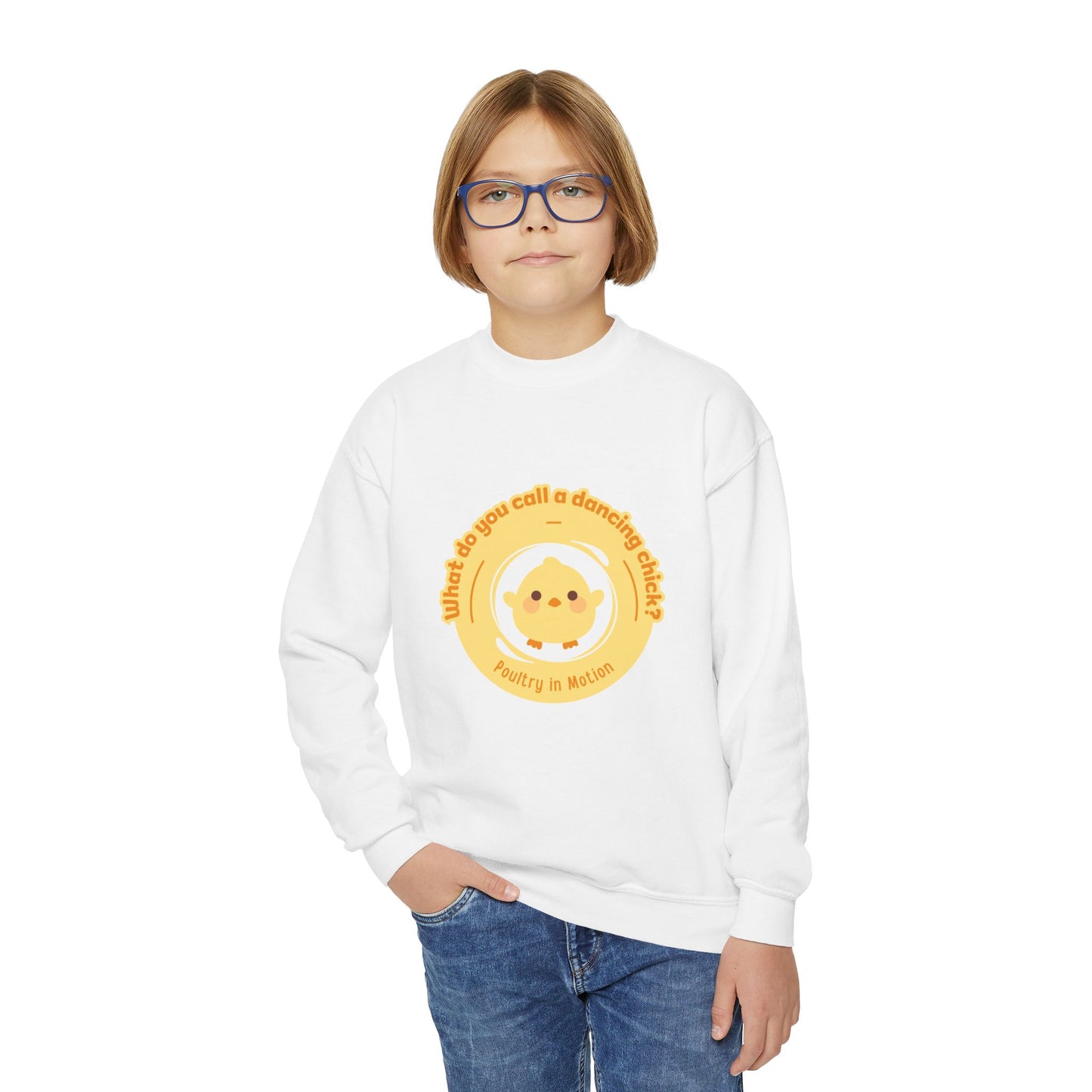 "What do you call a dancing chick? Poultry in Motion." – Funny Dance Pun Youth Crewneck Sweatshirt | Cute Dancing Chicken Kids Pullover