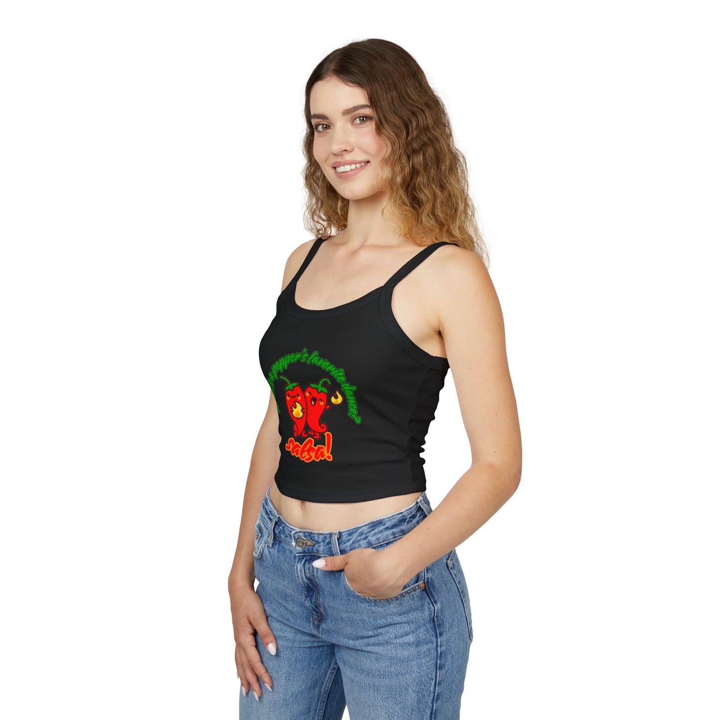"What’s a Pepper’s Favorite Dance? Salsa!" Women’s Spaghetti Strap Tank Top – Cute Pepper Graphic | Funny Dance Pun Shirt for Dancers & Food Lovers