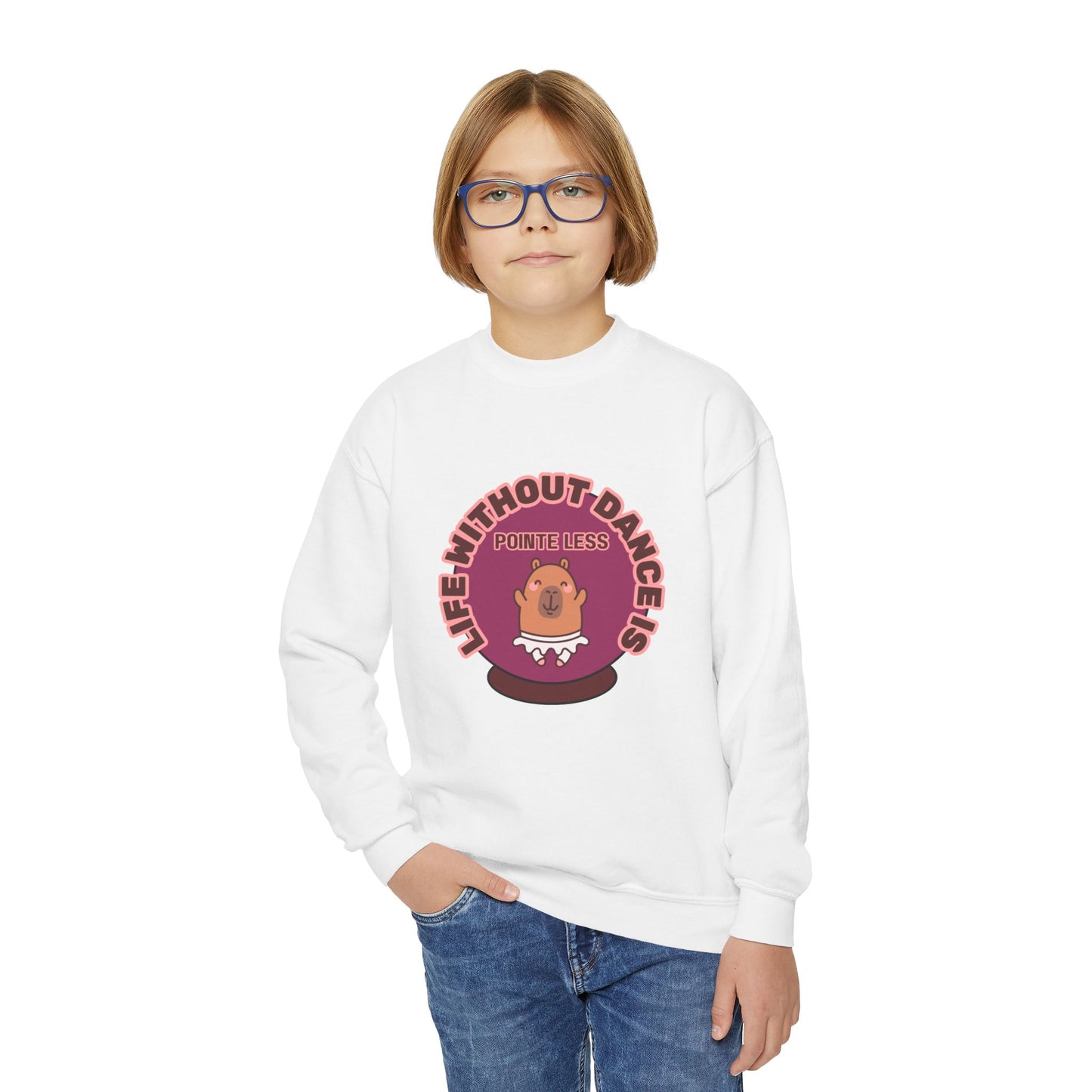 "Life Without Dance Is Pointeless" – Cute Dancing Capybara Youth Crewneck Sweatshirt | Funny Animal Dance Kids Pullover