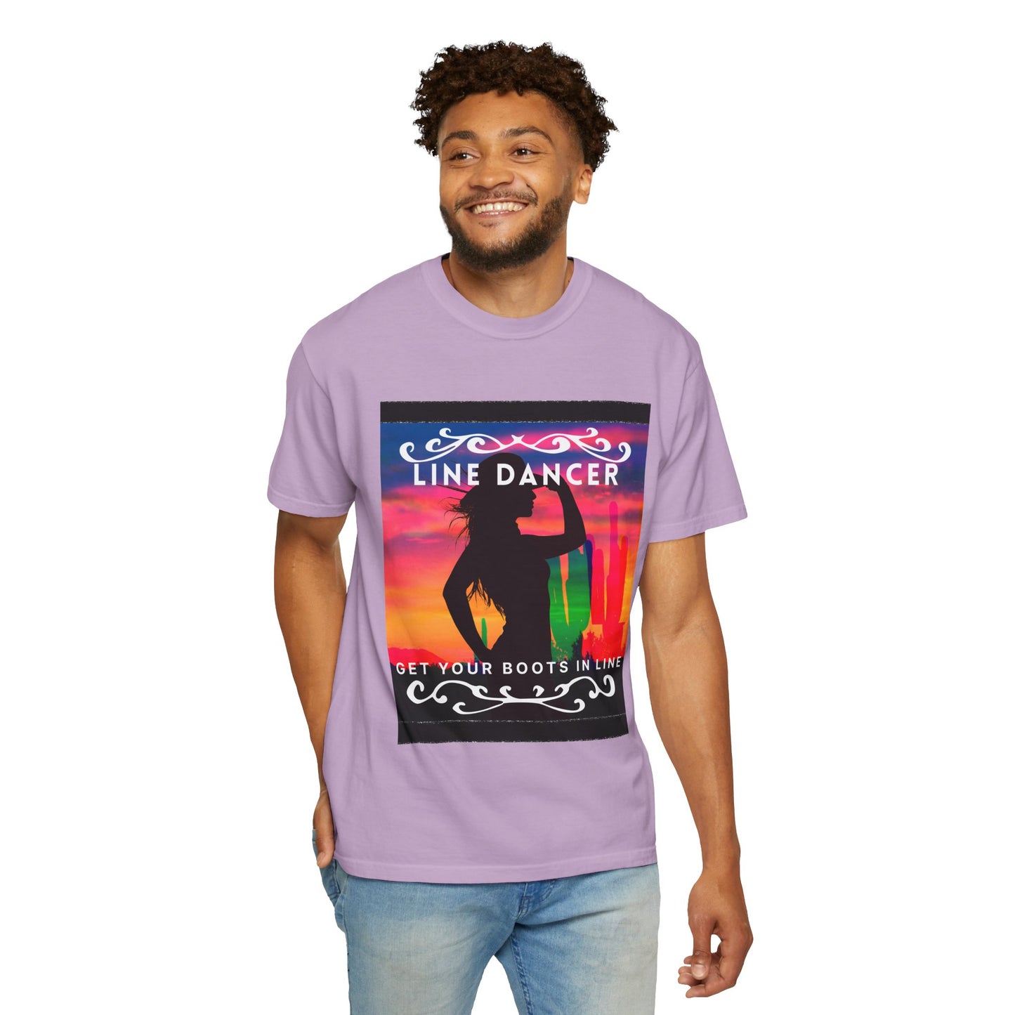 "Line Dancer" Unisex Garment-Dyed T-Shirt – Western Country Dance Graphic Tee – 'Get Your Boots in Line' Cowboy-Inspired Shirt