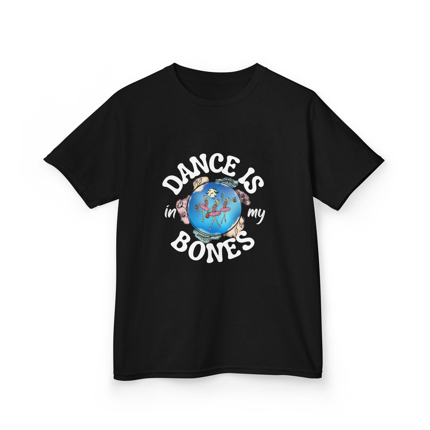 "Dance Is in My Bones” Halloween Dance T-Shirt with Dancing Skeletons Graphic - Kids Heavy Cotton™ Tee