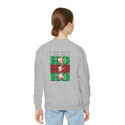 “5-eee and a 6-eee and a Ho, Ho, Ho” YOUTH SWEATSHIRT Crewneck with Playful Dancing Santa Front & Back – Festive Christmas Dance Sweatshirt for Dancers & Studios