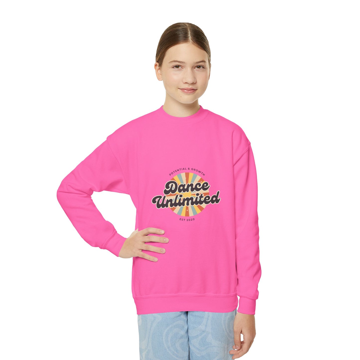 "Dance Unlimited - Potential & Growth" Youth Dance Unlimited Crewneck Sweatshirt – Retro Graphic | Motivational Dance Apparel for Kids