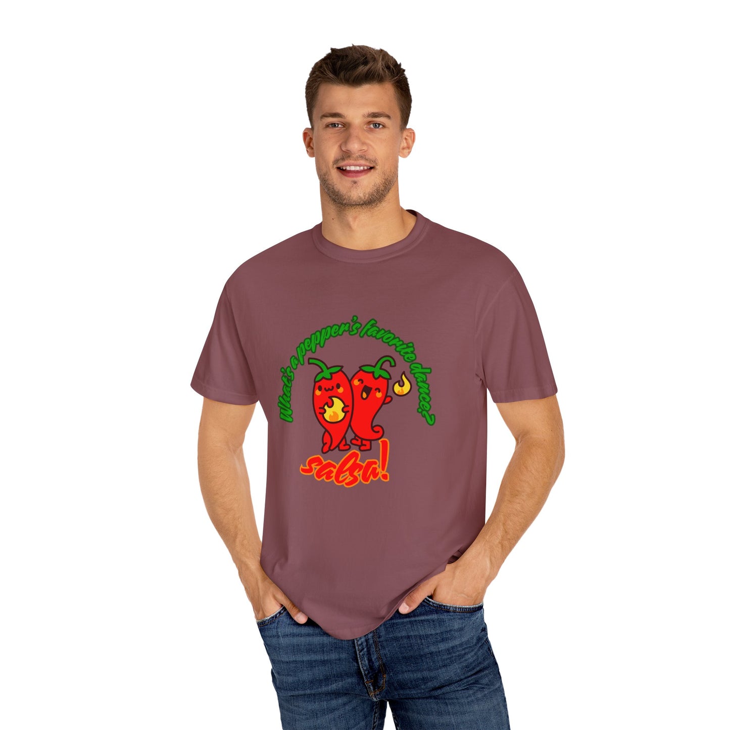 "What's a Pepper's Favorite Dance? Salsa!" Dance Pun Unisex Garment-Dyed T-Shirt – Funny Dance Joke Tee with Cute Pepper Graphic – Dance Humor Shirt for Food & Pun Lovers
