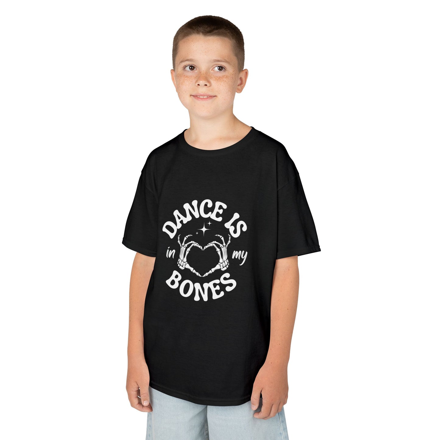 “Dance Is in My Bones” Halloween Dance T-Shirt with Cute Skeleton Heart Graphic - Kids Heavy Cotton™ Tee