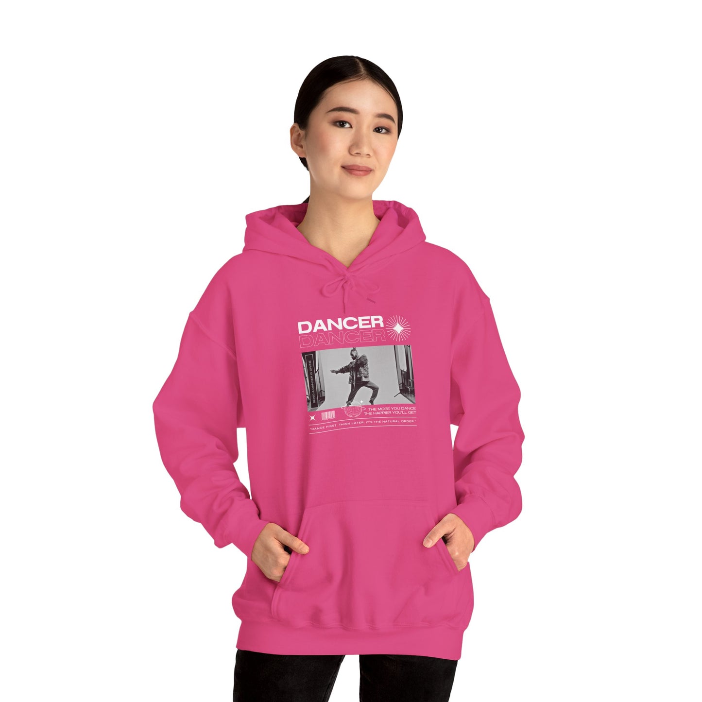 “Dancer” Text with Jazz-Inspired Streetwear-Style Pose Graphic – Unisex Heavy Blend™ Hooded Sweatshirt – Cozy Dance Hoodie for Jazz Dancers & Performing Arts Lovers  "